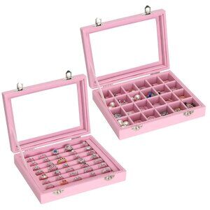2-Piece PINK Velvet Jewelry Organizer Tray Set – Ring, Earring, Necklace